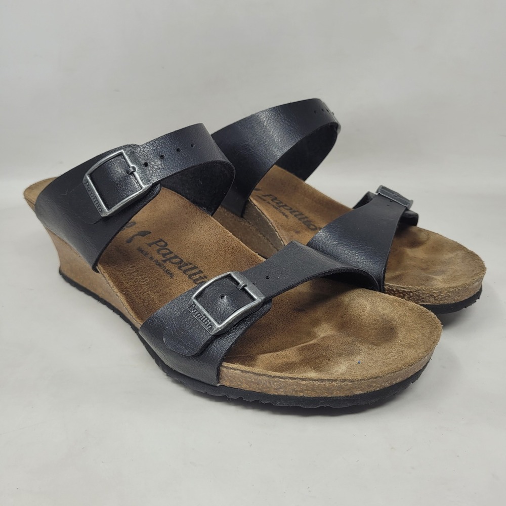 Papillio Birkenstock Sandals EU40 US9 Black Leather Dorothy Wedge Buckle Straps
